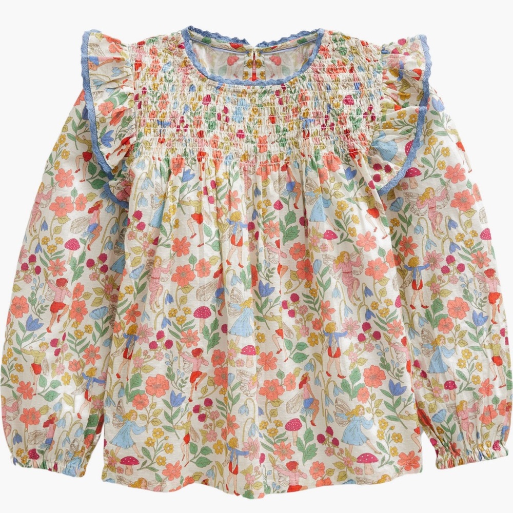 Mini Boden Red and Pink Floral Blouse with Ruffled Sleeves